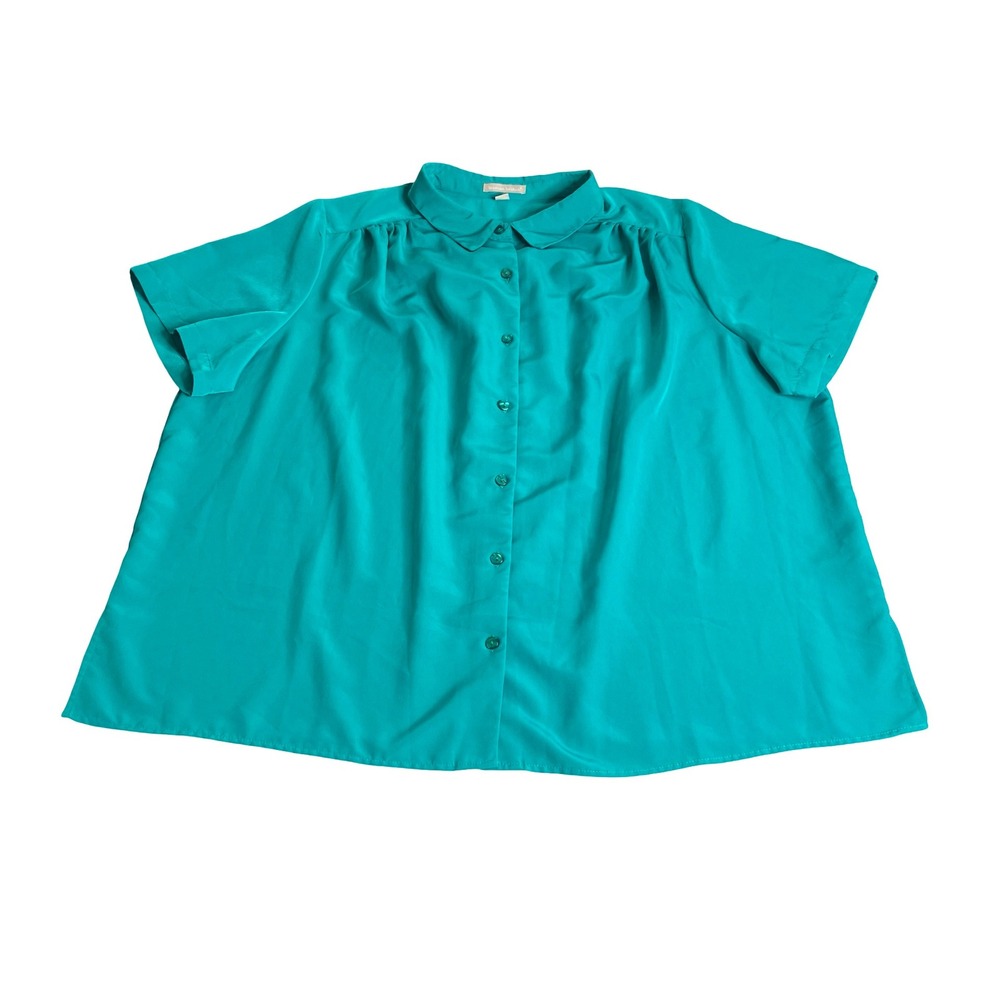 Woman Within Top Womens 3X Teal Green‎ Short Sleeve Button Front Blouse Shirt